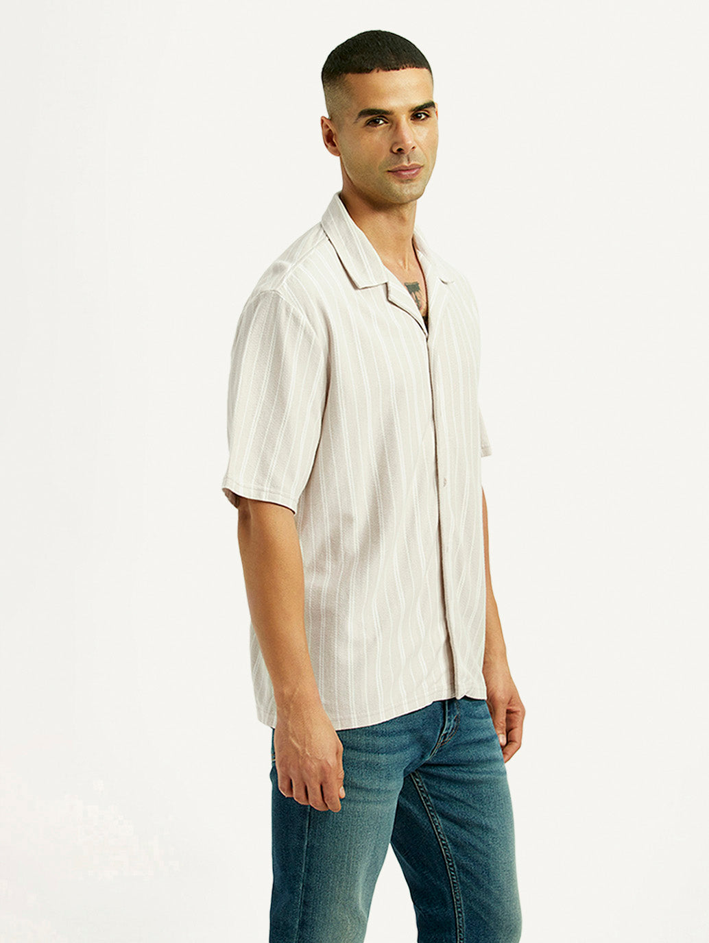 Men's Striped Off White Relaxed Fit Camp Shirt - Side View