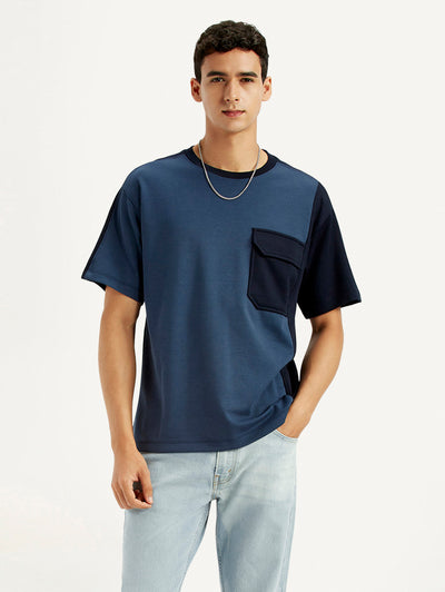 Men's Colorblock Blue Crew Neck T-shirt-image-1