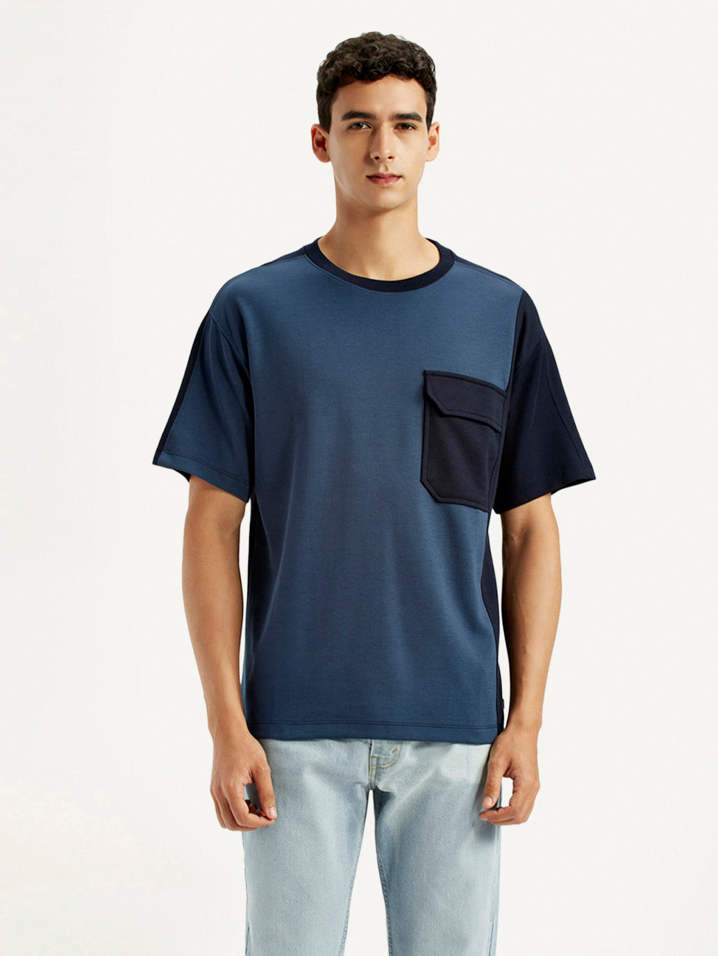 Men's Colorblock Blue Crew Neck T-shirt - Front View