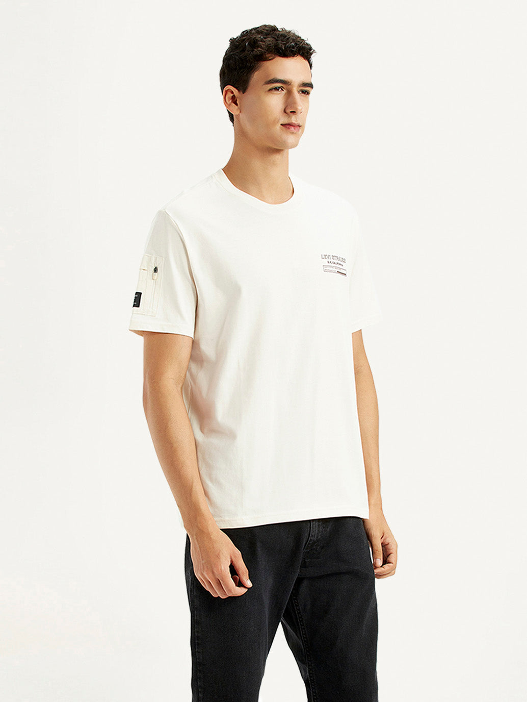 Men's Graphic Print Cream Crew Neck T-shirt - Side View