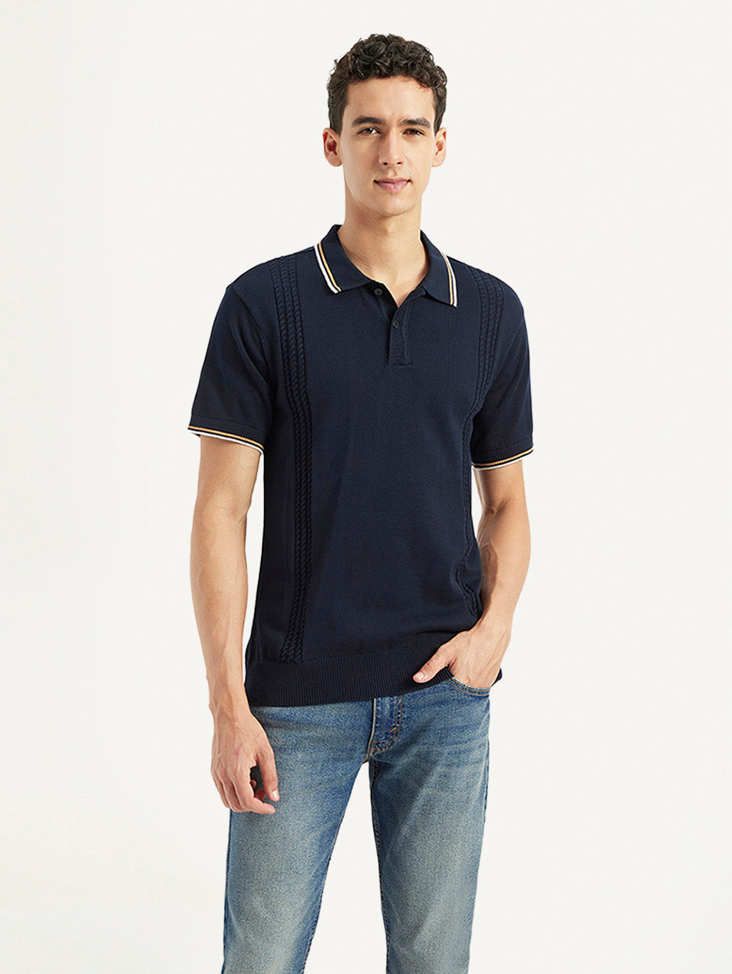 Men's Striped Slim Fit Polo T-Shirt - Front View