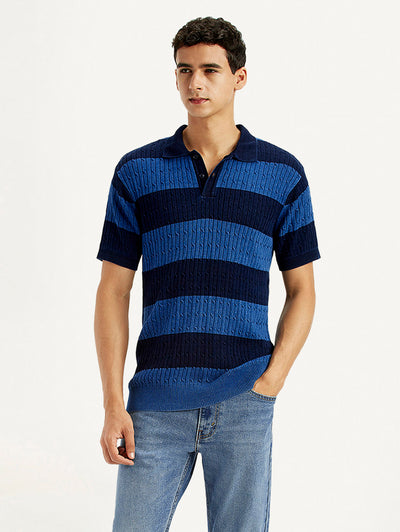 Men's Striped Blue Slim Fit Polo T-shirt-image-35