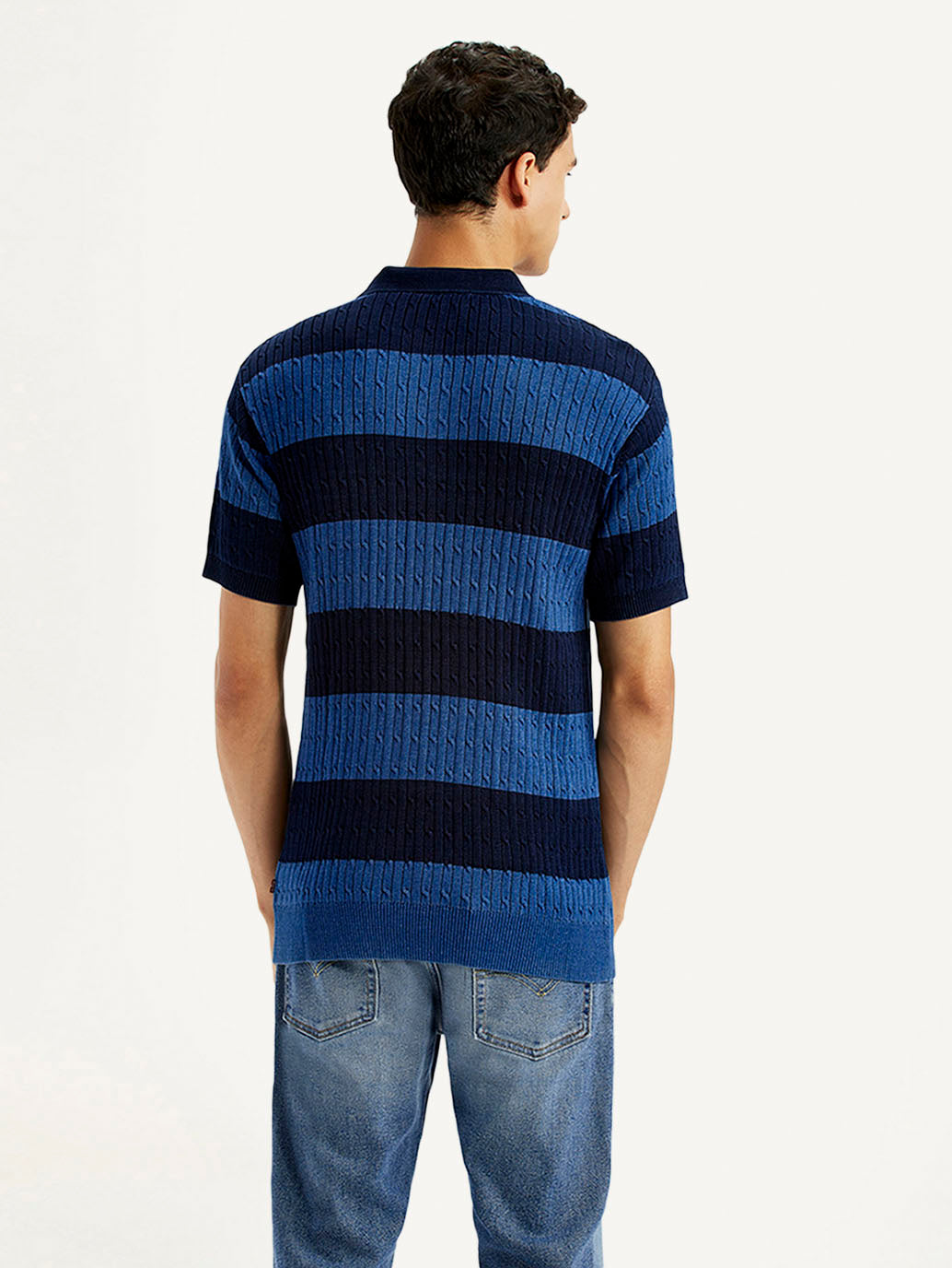 Men's Striped Blue Slim Fit Polo T-shirt - Back View