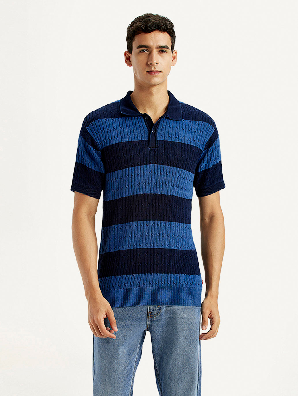 Men's Striped Blue Slim Fit Polo T-shirt - Front View