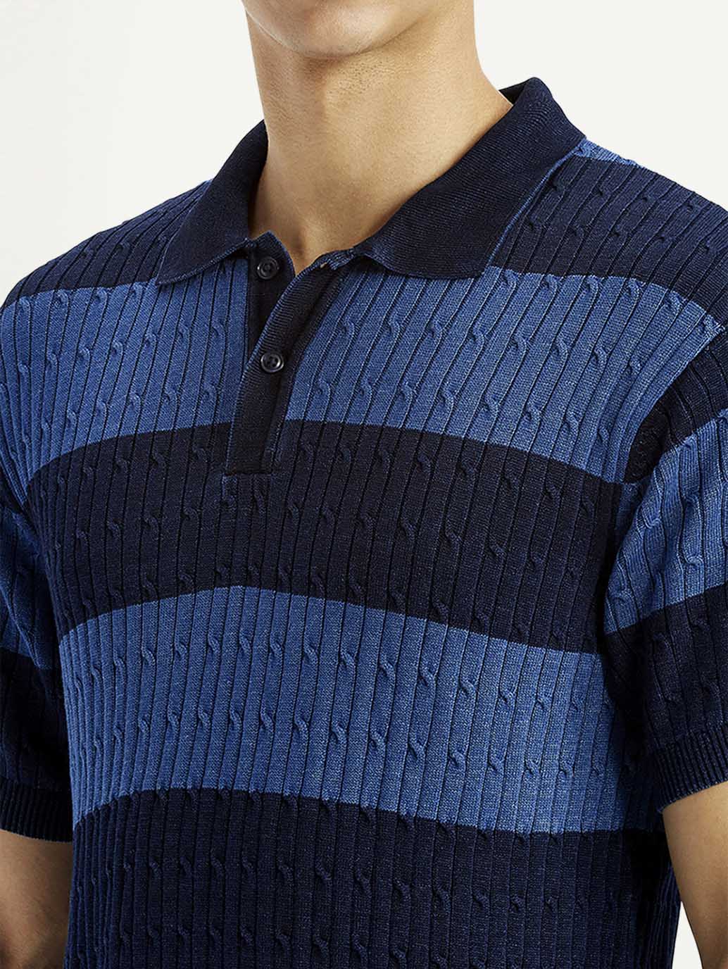 Men's Striped Blue Slim Fit Polo T-shirt - Detail View