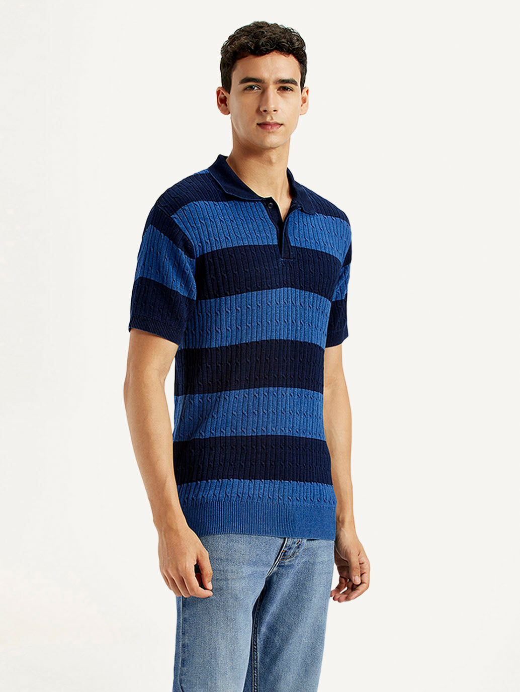 Men's Striped Blue Slim Fit Polo T-shirt - Side View