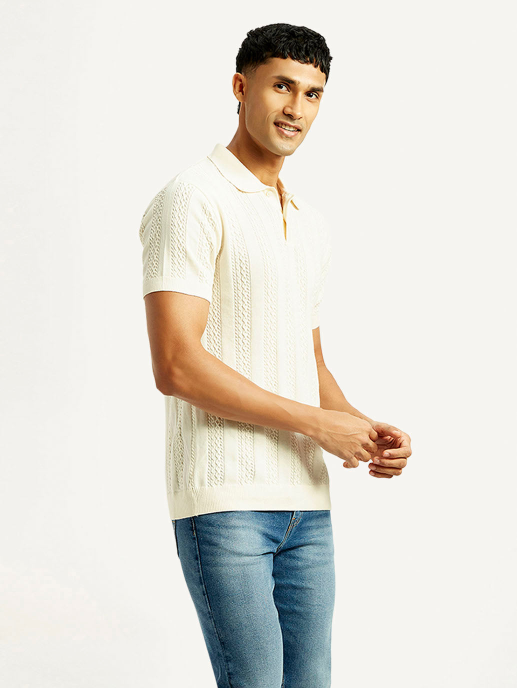 Men's Self Design Slim Fit Polo T-shirt - Side View