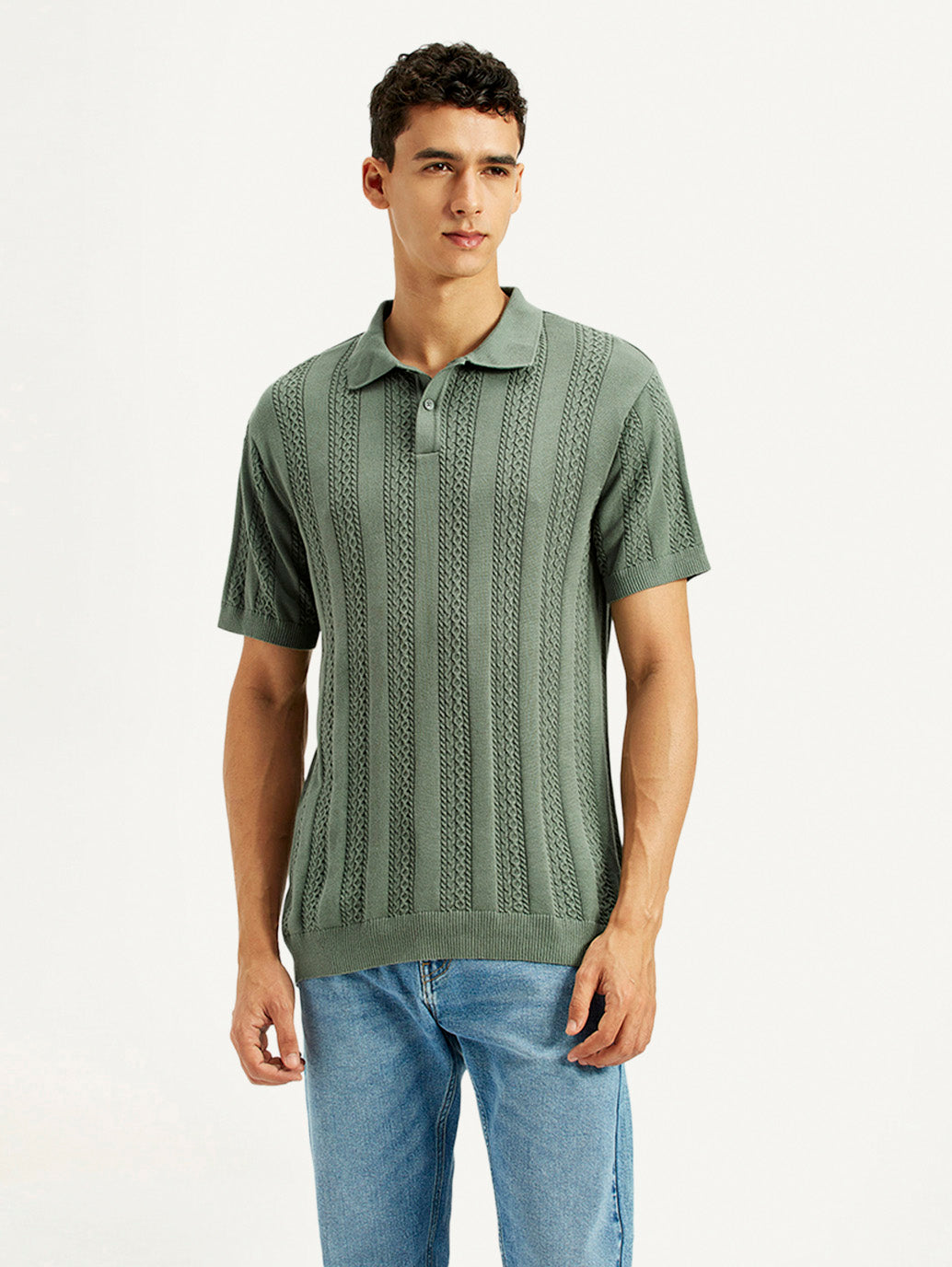 Men's Textured Slim Fit Polo T-Shirt - Front View