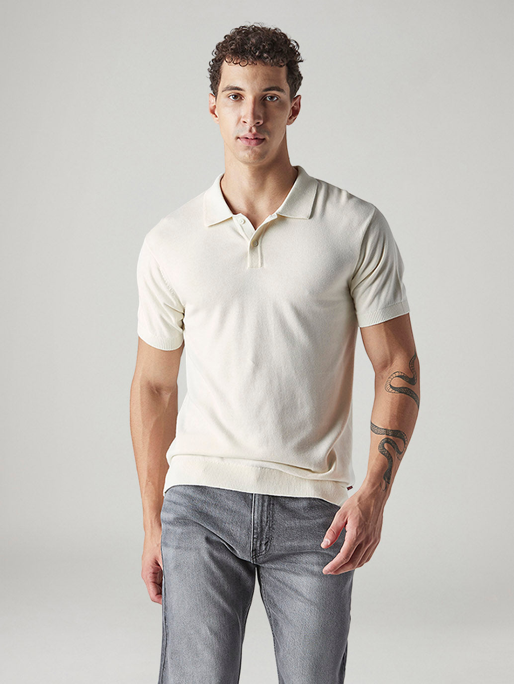 Men's Solid Off White Pique Polo T shirt - Front View