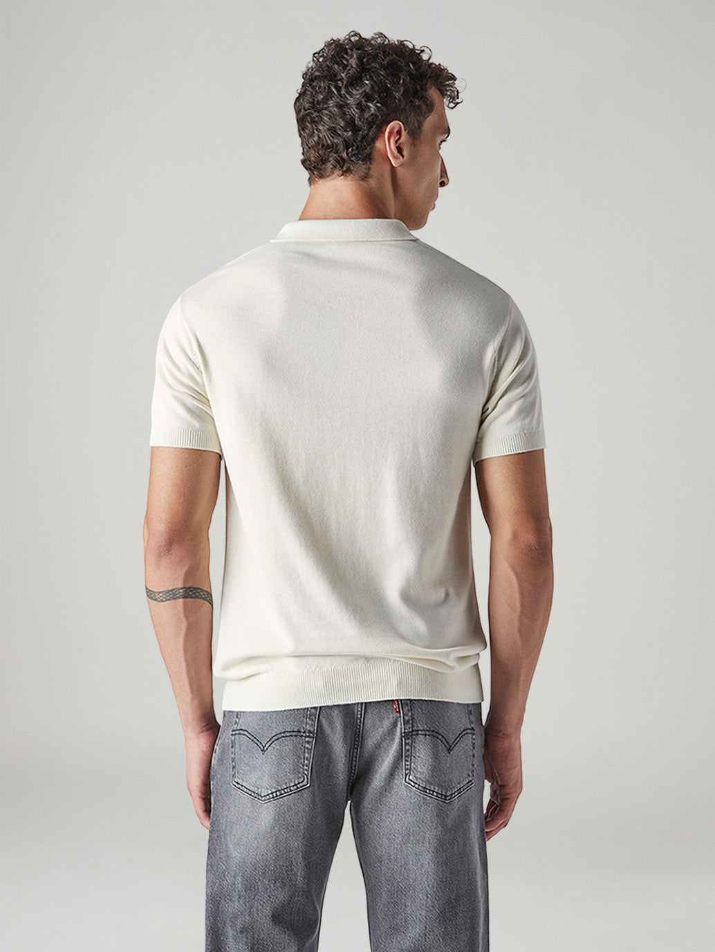 Men's Solid Off White Pique Polo T shirt - Back View
