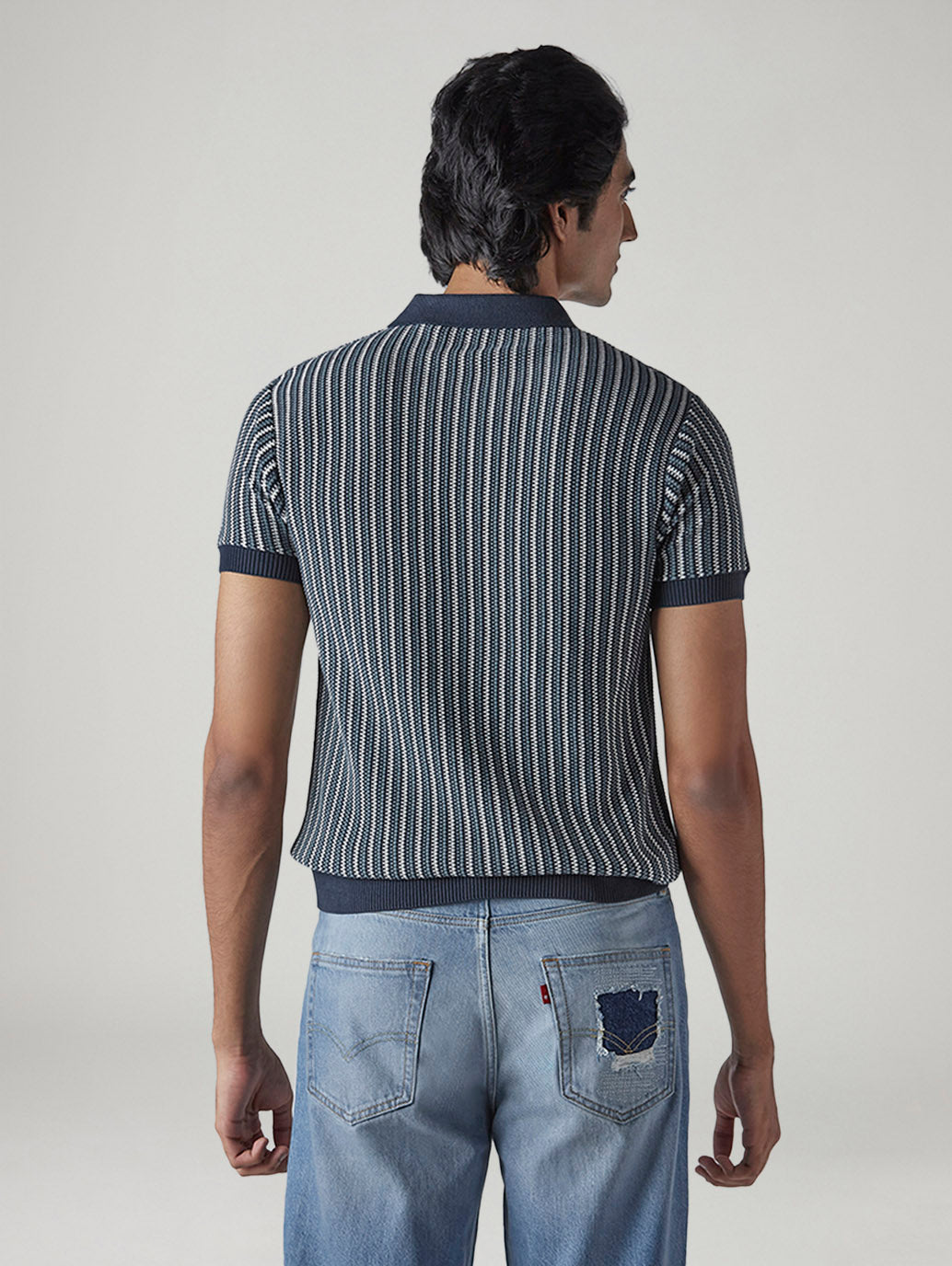 Men's Striped Navy Polo T-shirt - Back View