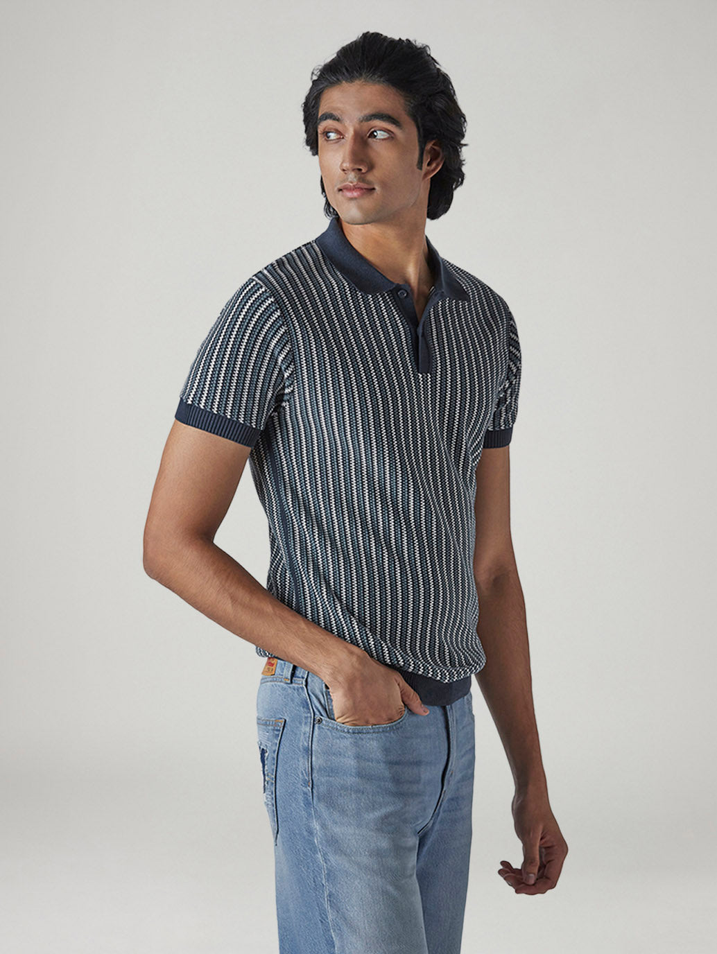 Men's Striped Navy Polo T-shirt - Side View