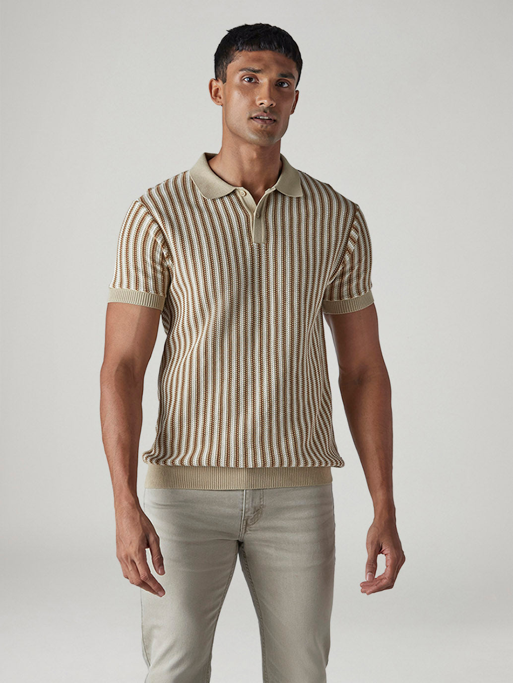 Men's Striped Beige Polo T-shirt - Front View