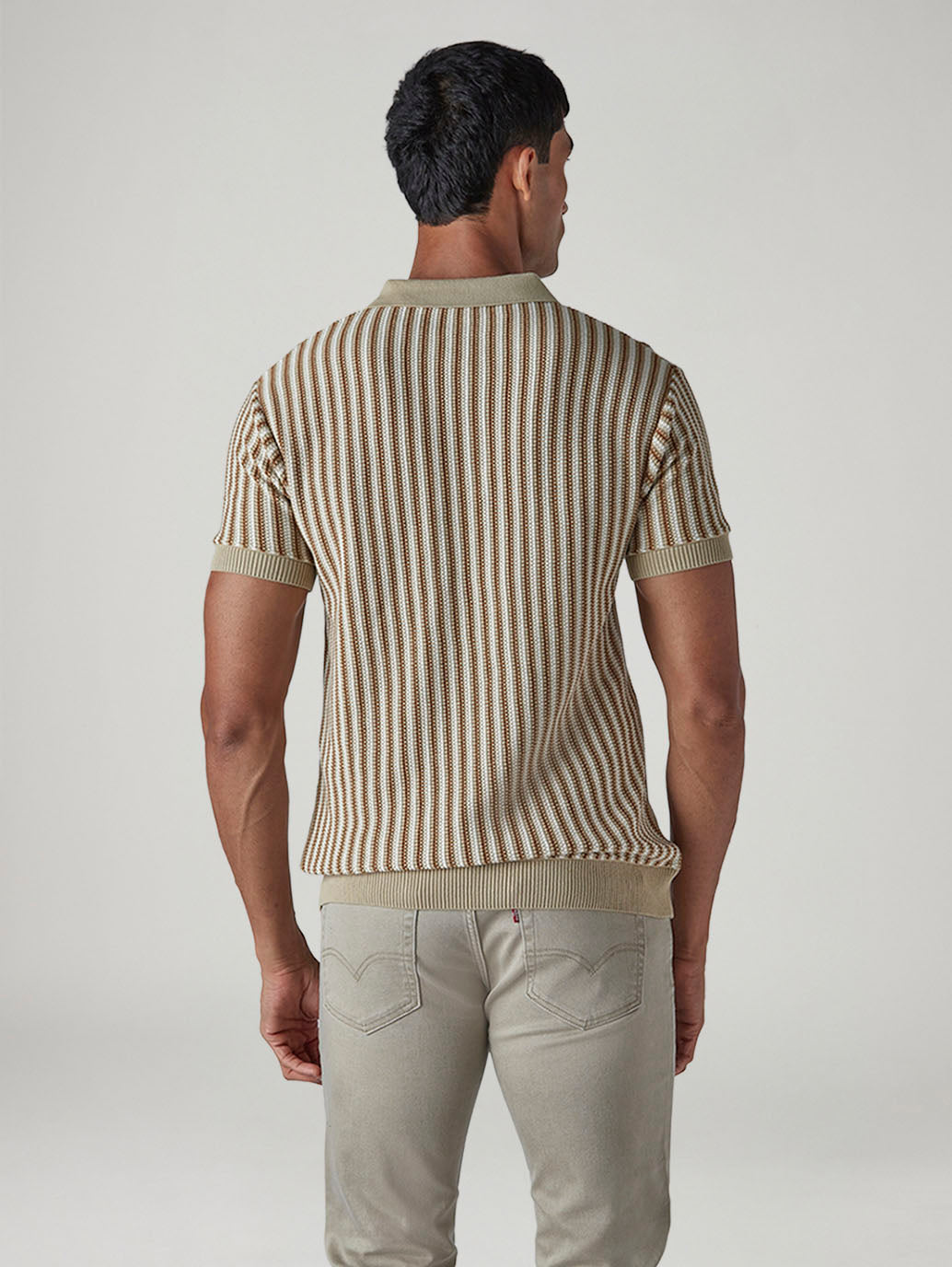 Men's Striped Beige Polo T-shirt - Back View