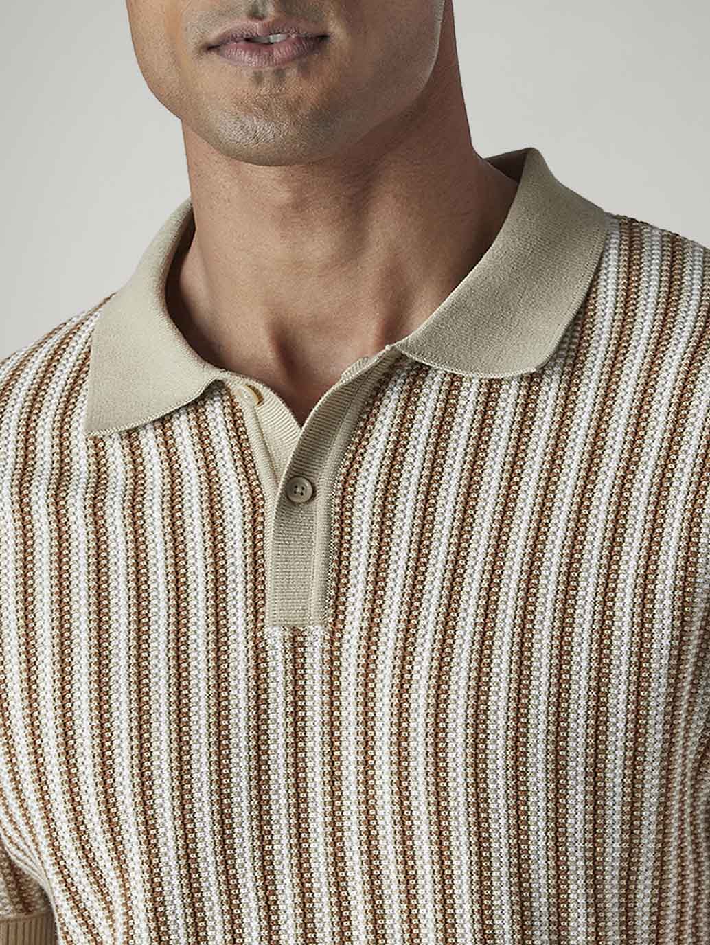 Men's Striped Beige Polo T-shirt - 20 View