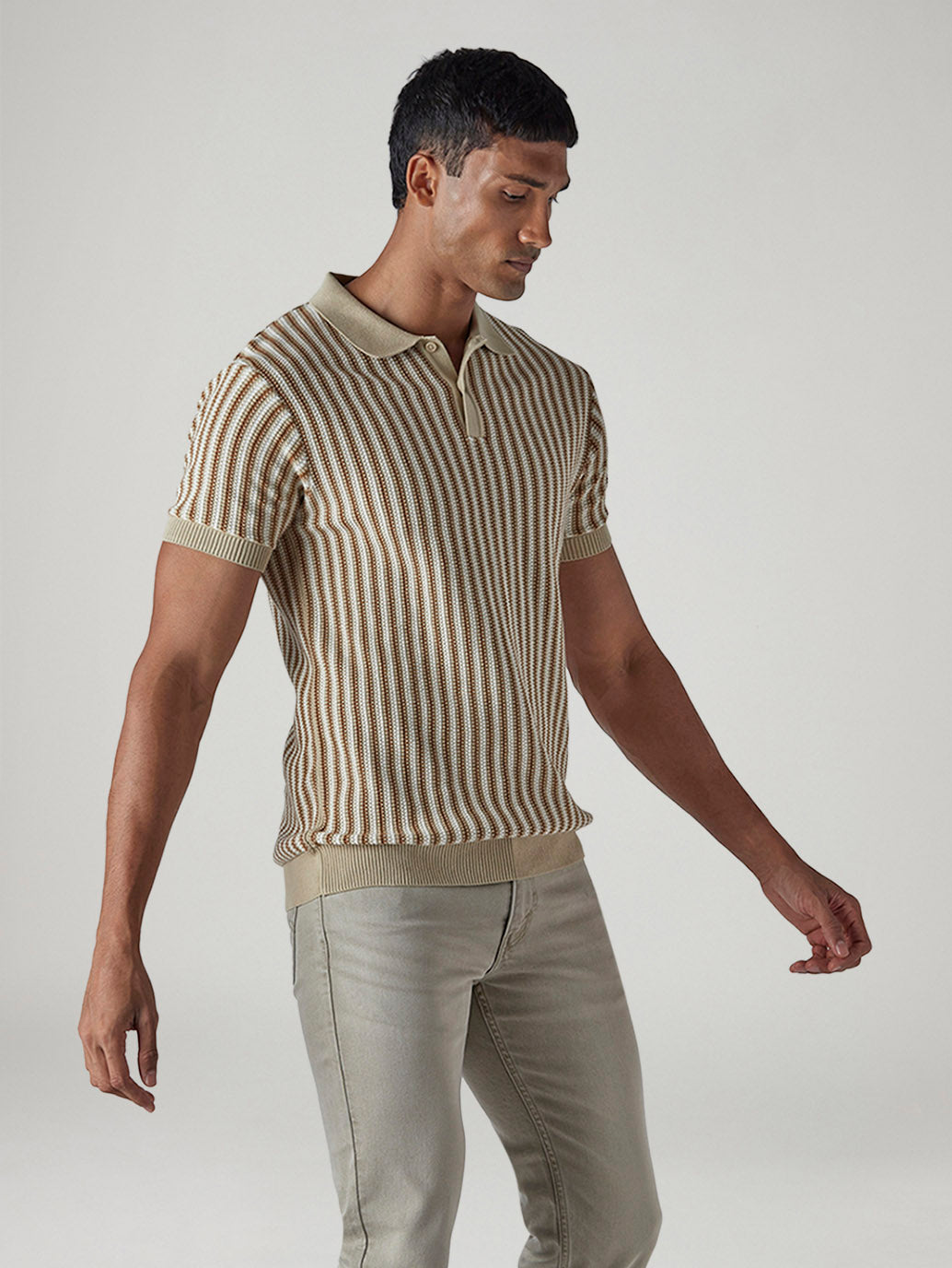 Men's Striped Beige Polo T-shirt - Side View