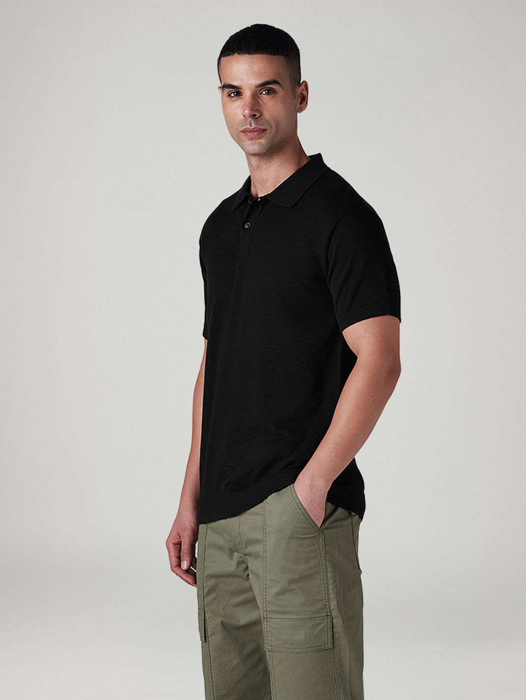 Men's Solid Black Polo T-shirt - Side View