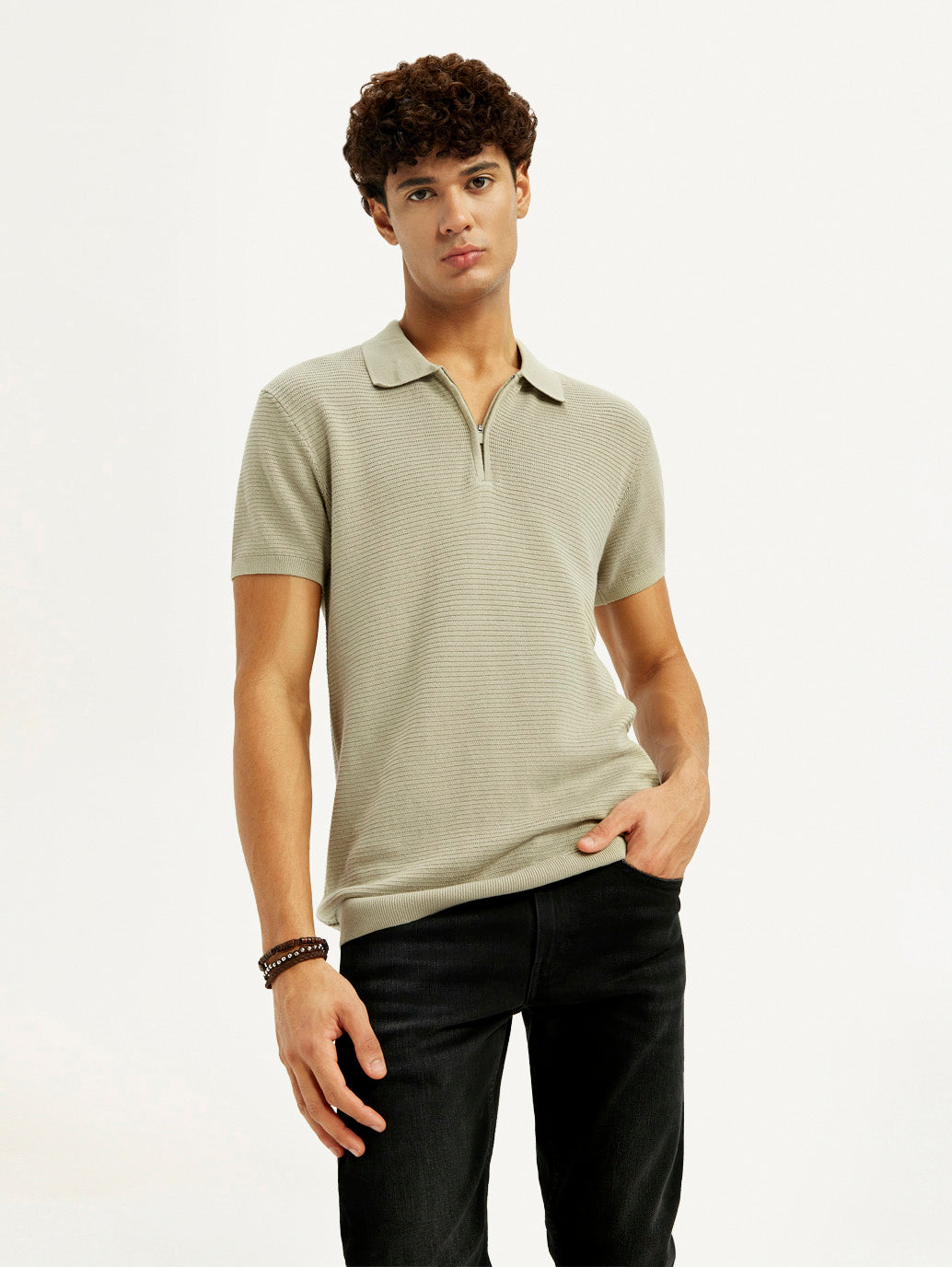 Men's Textured Beige Slim Fit Polo T-shirt - Elevated View