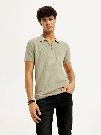 Men's Textured Beige Slim Fit Polo T-shirt-image-19