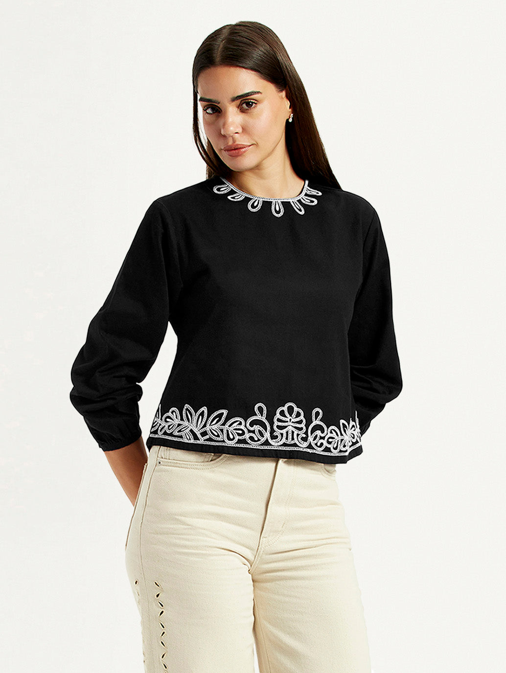 Women's Embroidered Black Round Neck Top - Styleshot View