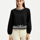 Women's Embroidered Black Round Neck Top - Front View