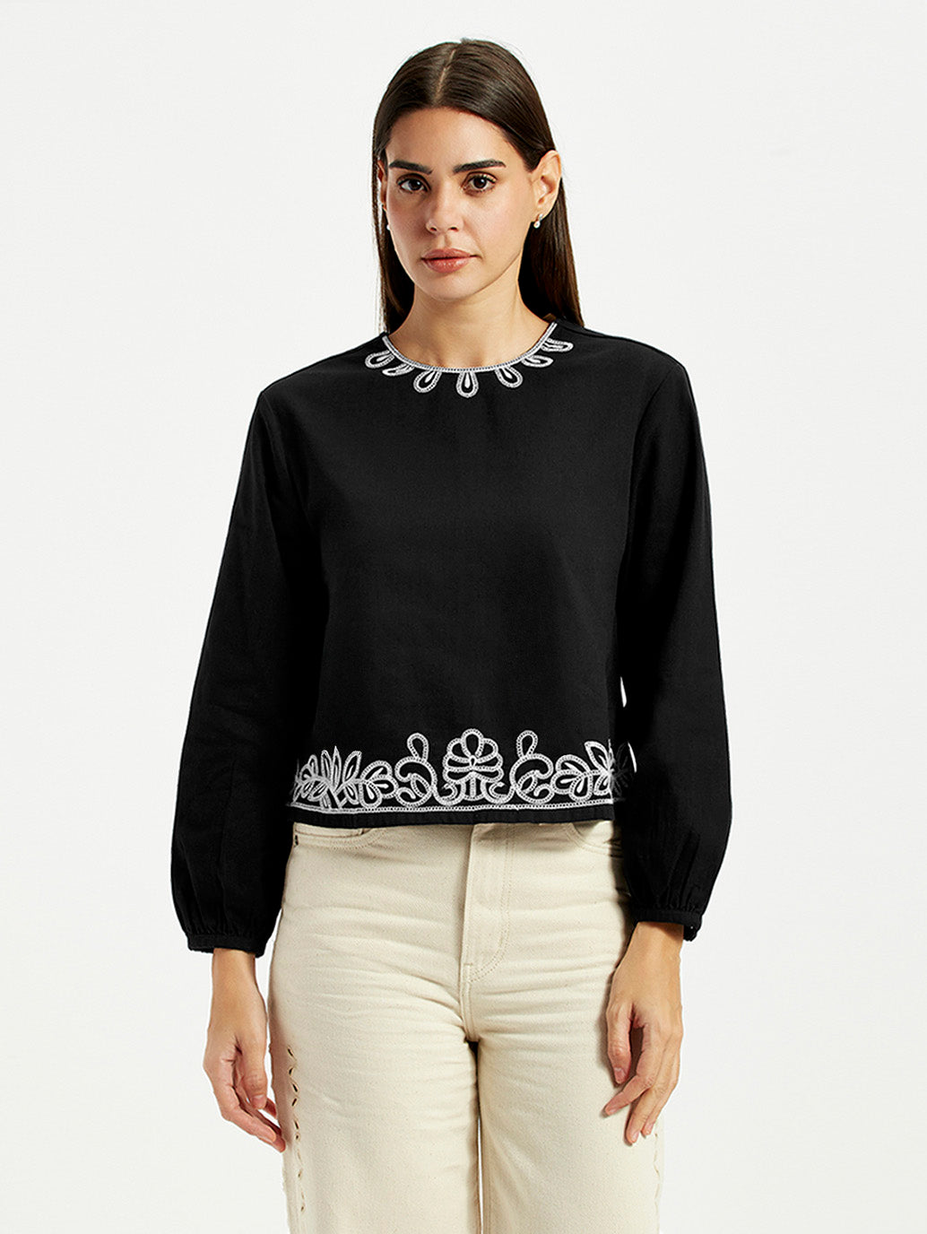 Women's Embroidered Black Round Neck Top