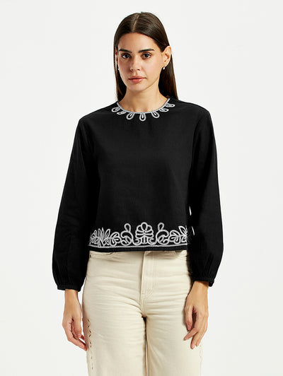 Women's Embroidered Black Round Neck Top