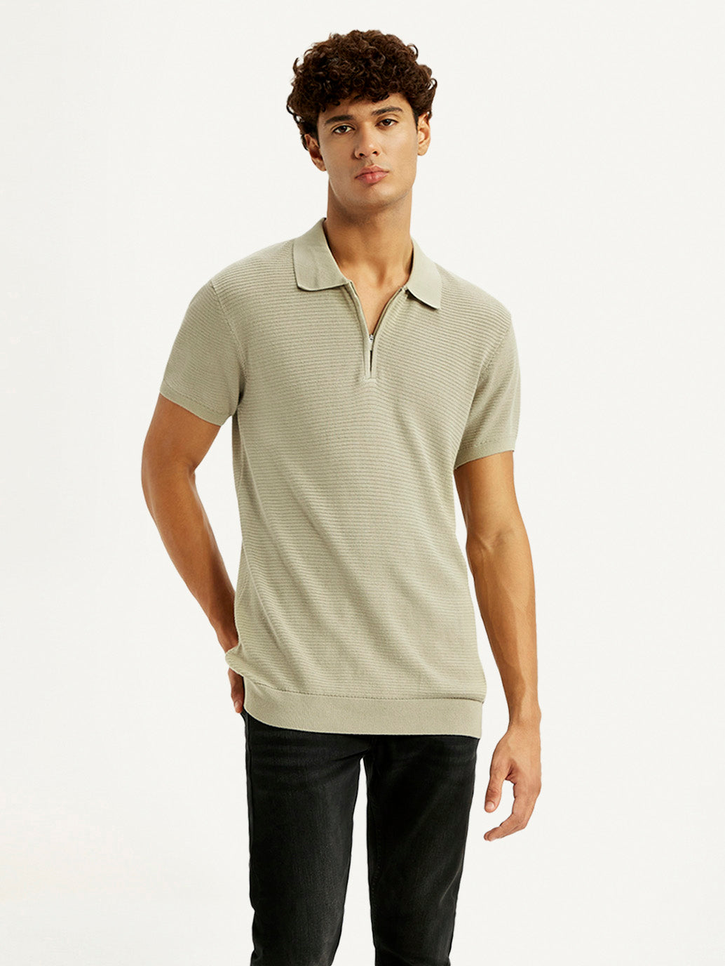 Men's Textured Beige Slim Fit Polo T-shirt - Styleshot View