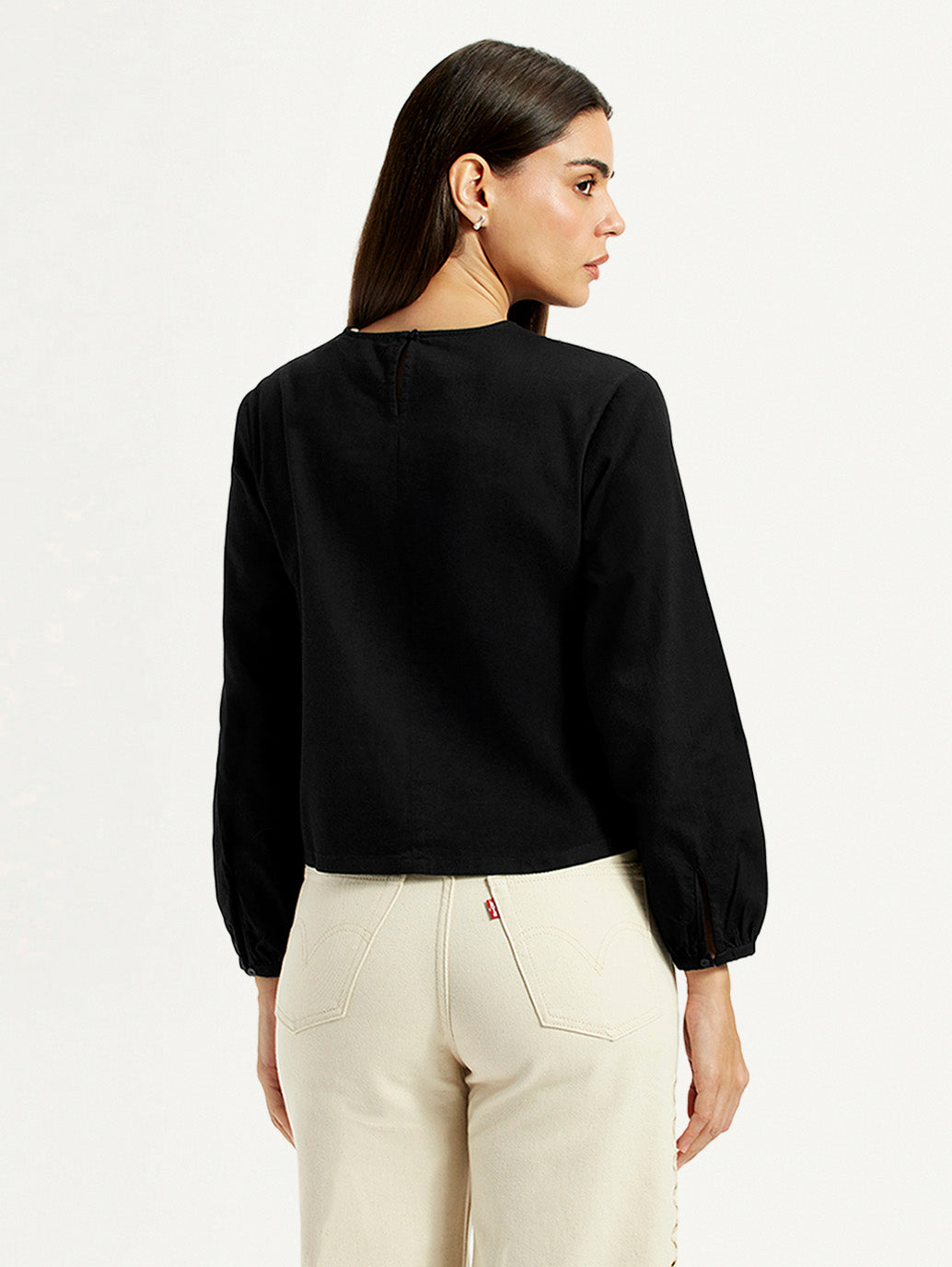 Women's Embroidered Black Round Neck Top - Back View