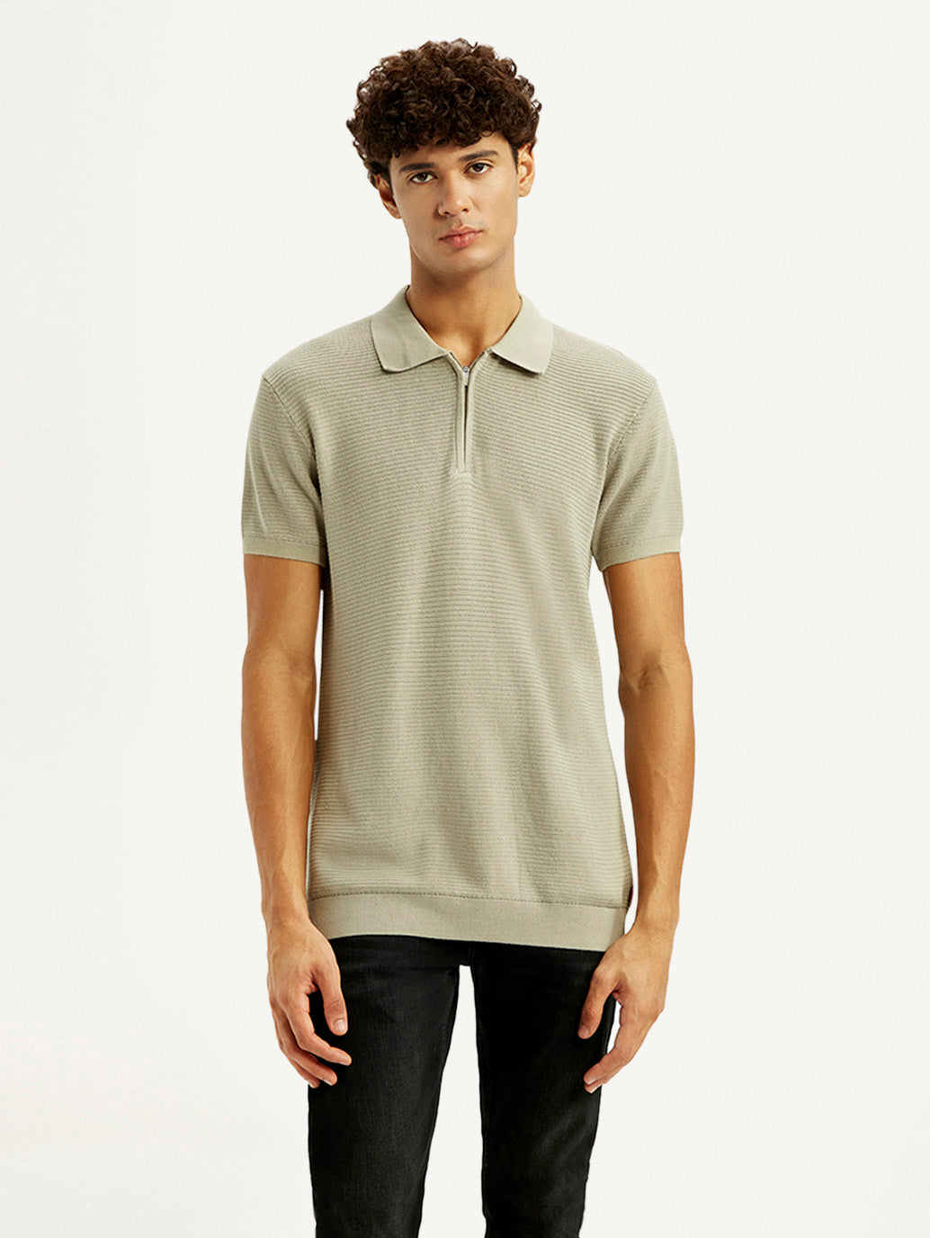 Men's Textured Beige Slim Fit Polo T-shirt - Front View