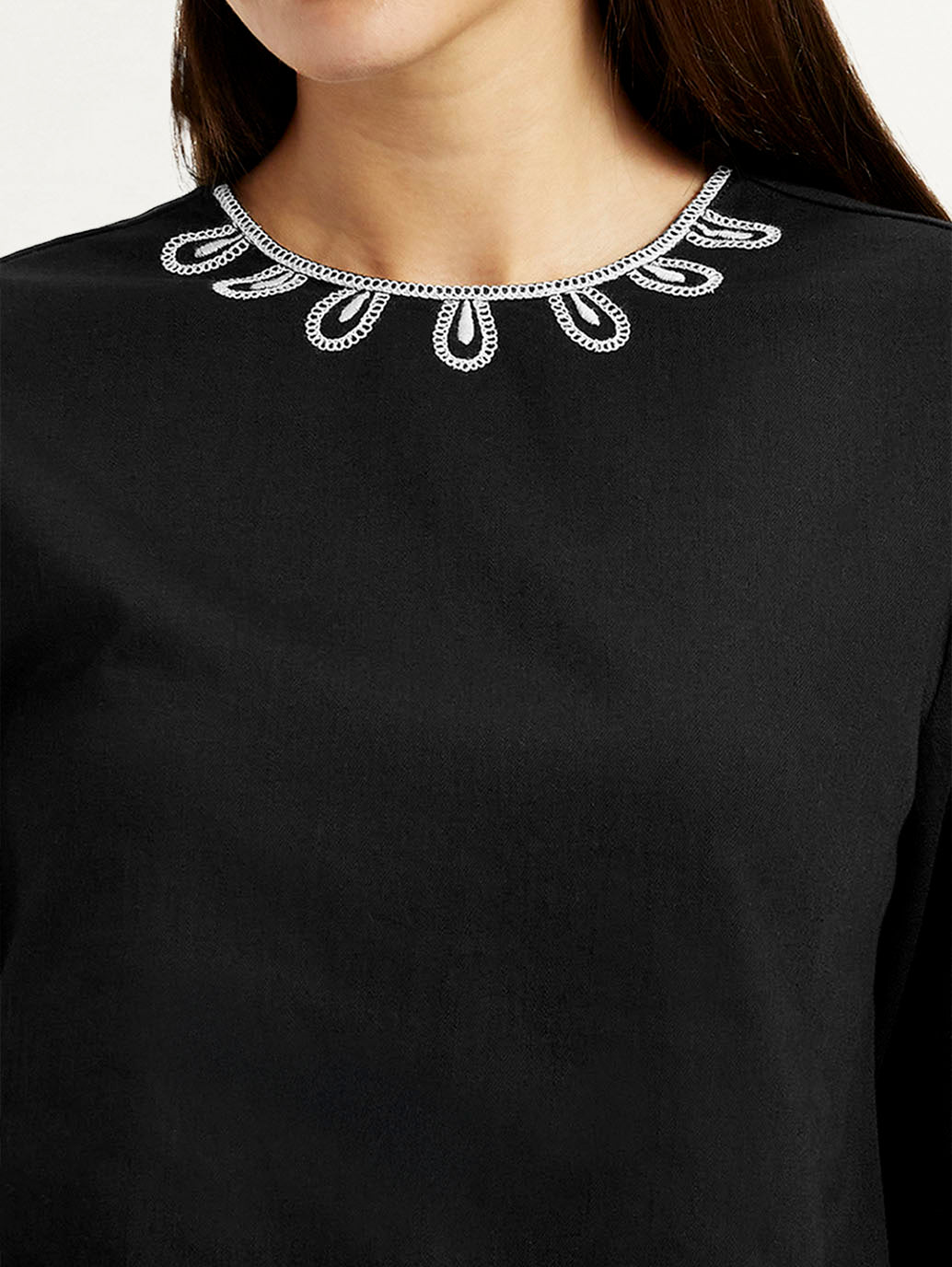 Women's Embroidered Black Round Neck Top - Detail View