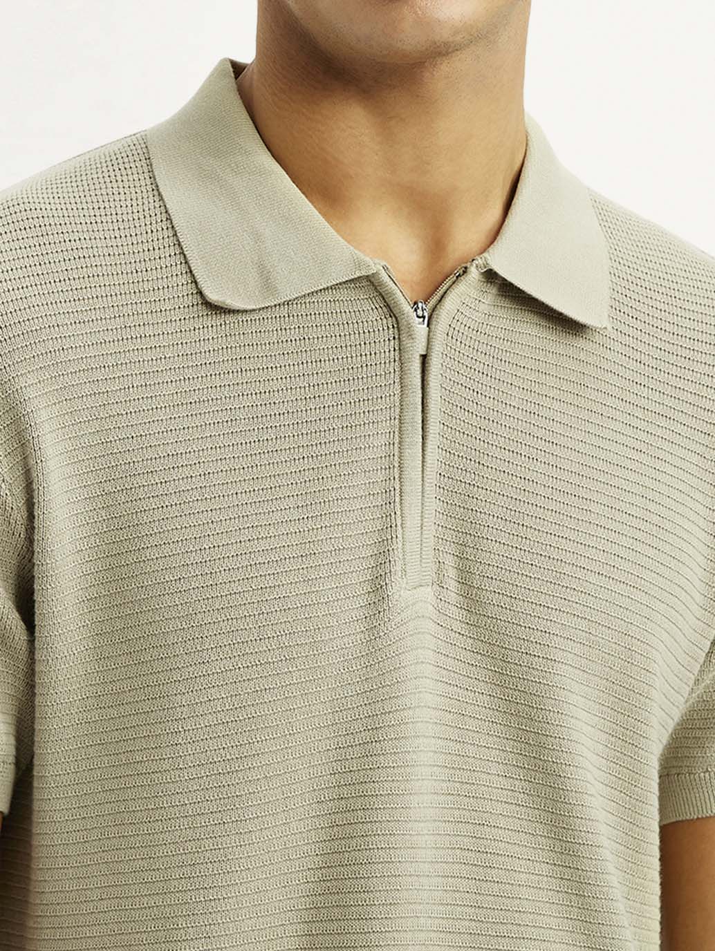 Men's Textured Beige Slim Fit Polo T-shirt - Detail View