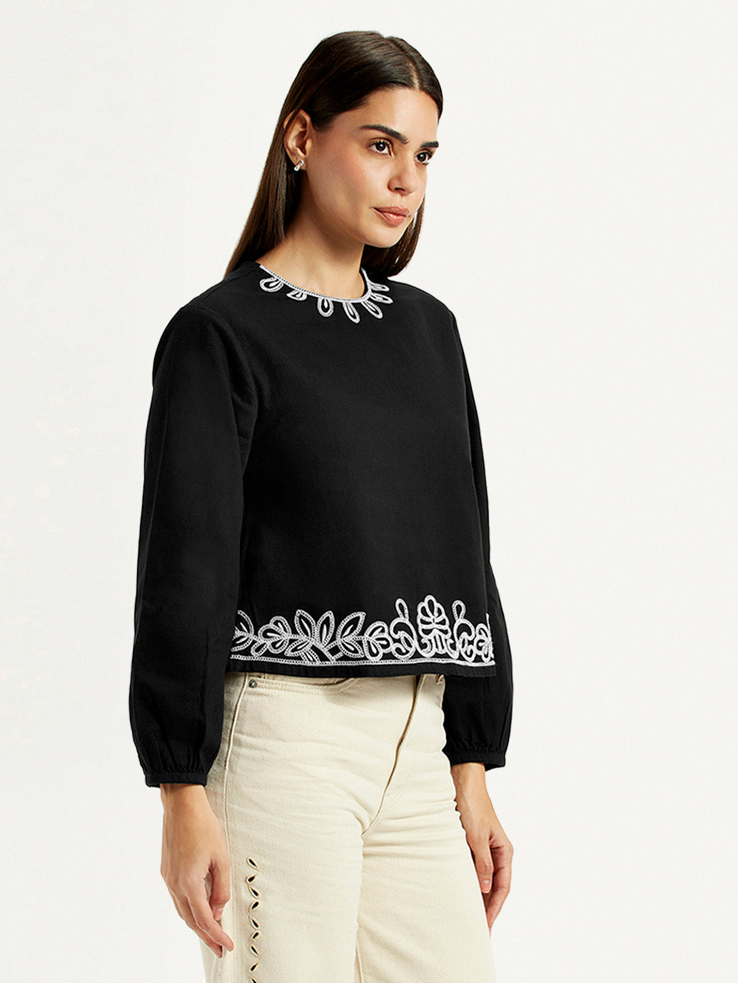 Women's Embroidered Black Round Neck Top – Levis India Store