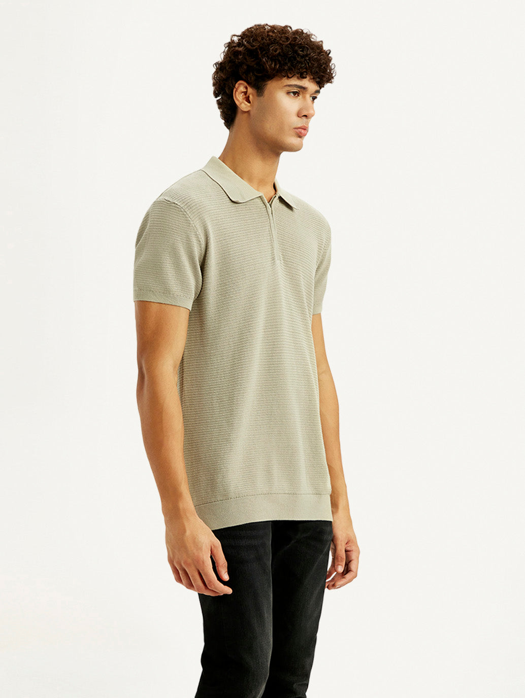 Men's Textured Beige Slim Fit Polo T-shirt - Side View