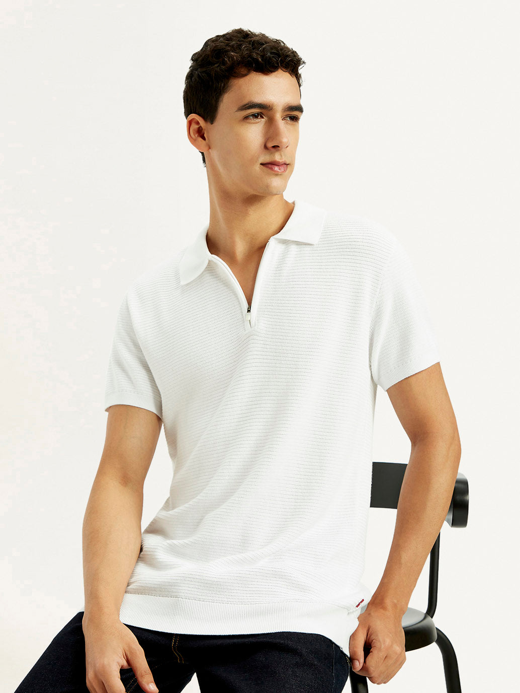 Men's Textured White Slim Fit Polo T-shirt - Elevated View