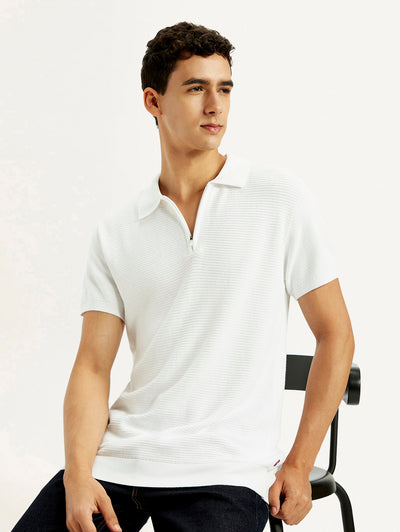 Men's Textured White Slim Fit Polo T-shirt-image-27