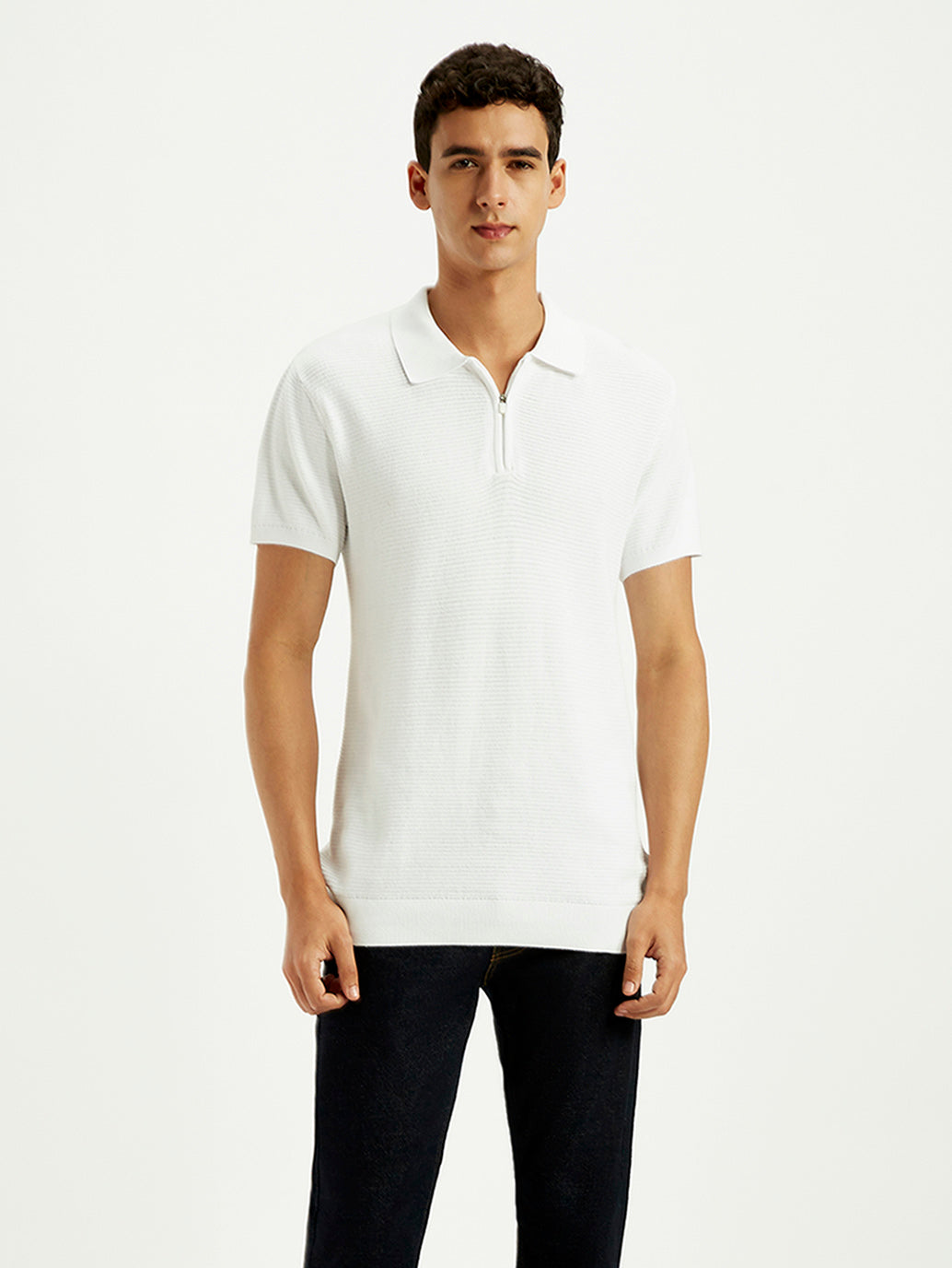 Men's Textured White Slim Fit Polo T-shirt - Styleshot View