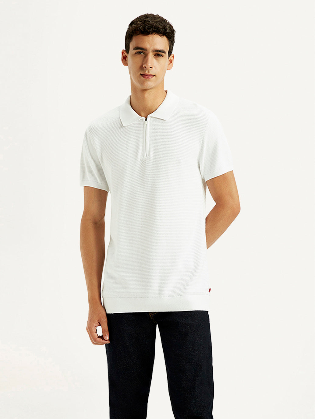 Men's Textured White Slim Fit Polo T-shirt - Front View