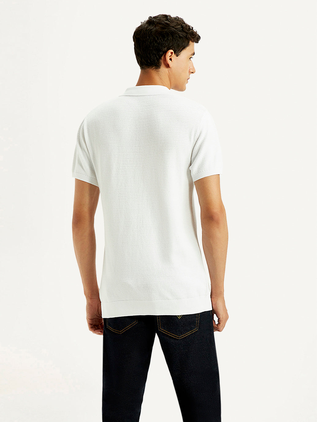 Men's Textured White Slim Fit Polo T-shirt - Back View