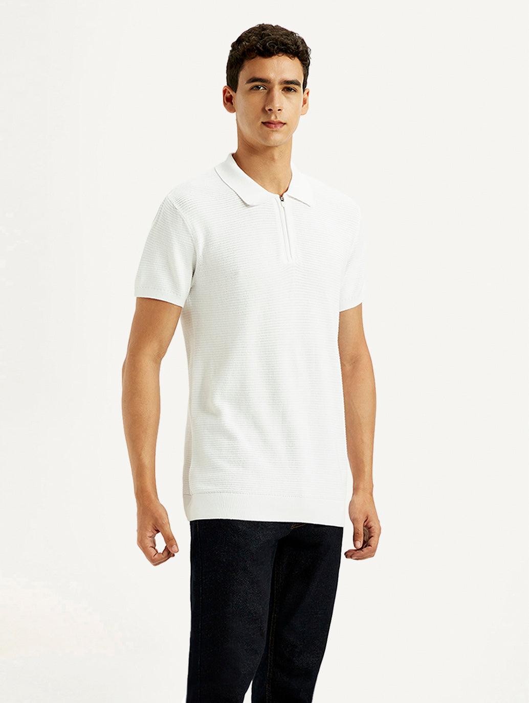 Men's Textured White Slim Fit Polo T-shirt - Side View