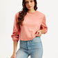 Women's Embroidered Coral Round Neck Top - Styleshot View