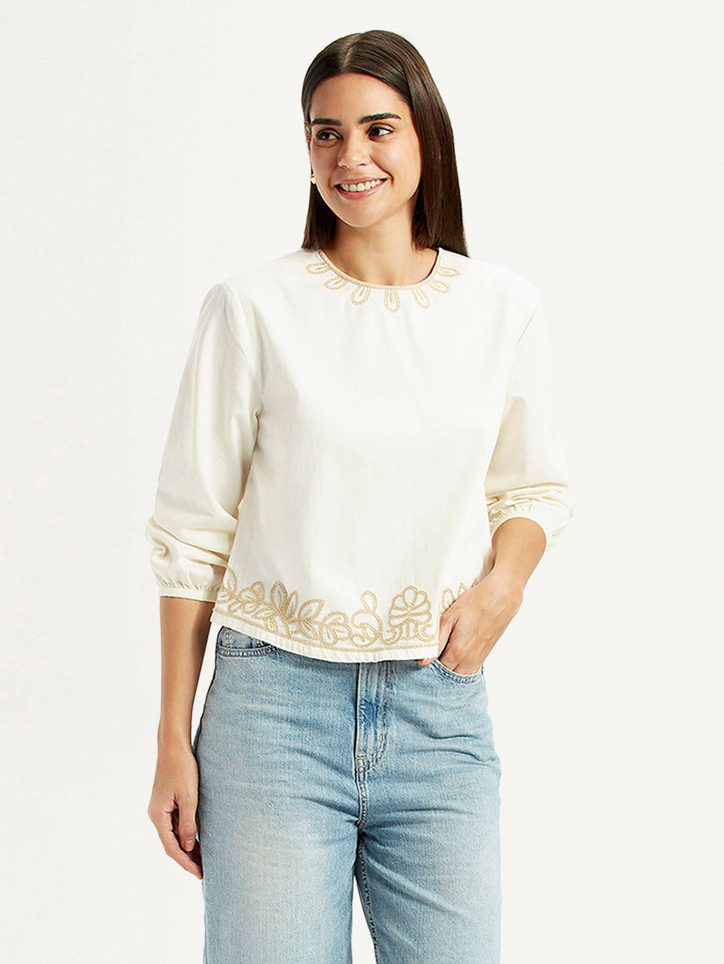 Women's Embroidered Off White Round Neck Top