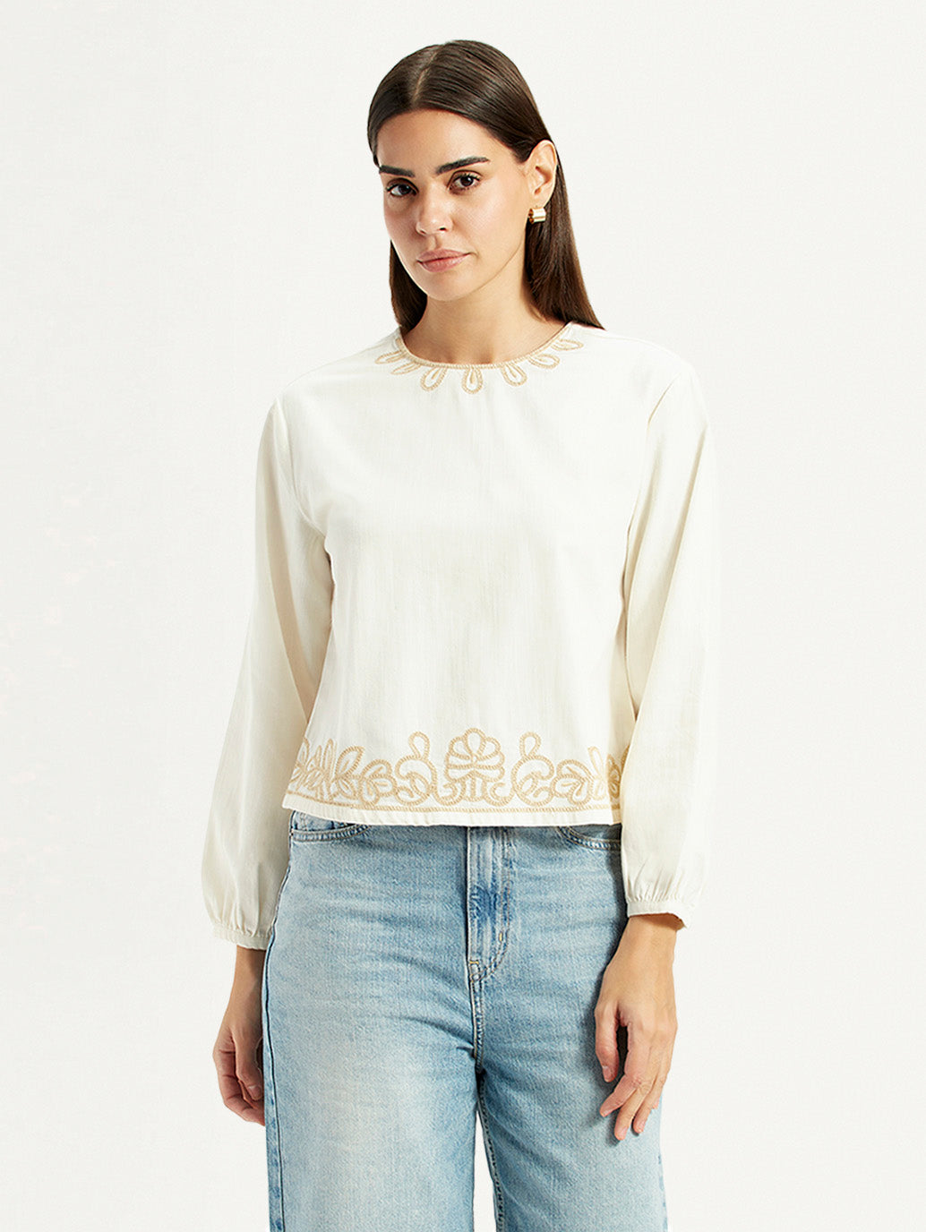 Women's Embroidered Off White Round Neck Top - Front View