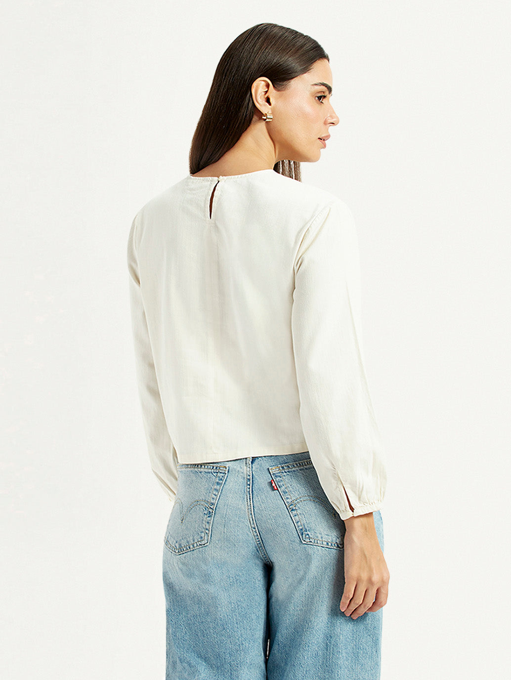 Women's Embroidered Off White Round Neck Top - Back View