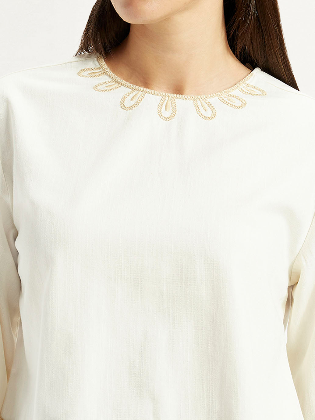 Women's Embroidered Off White Round Neck Top - Detail View