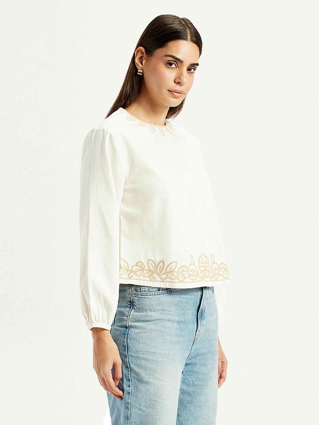 Women's Embroidered Off White Round Neck Top - Side View