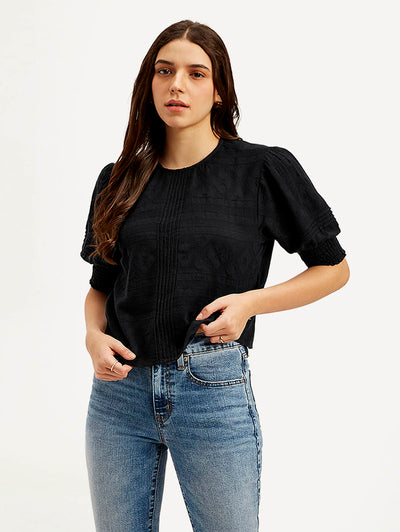 Women's Textured Black Round Neck Top