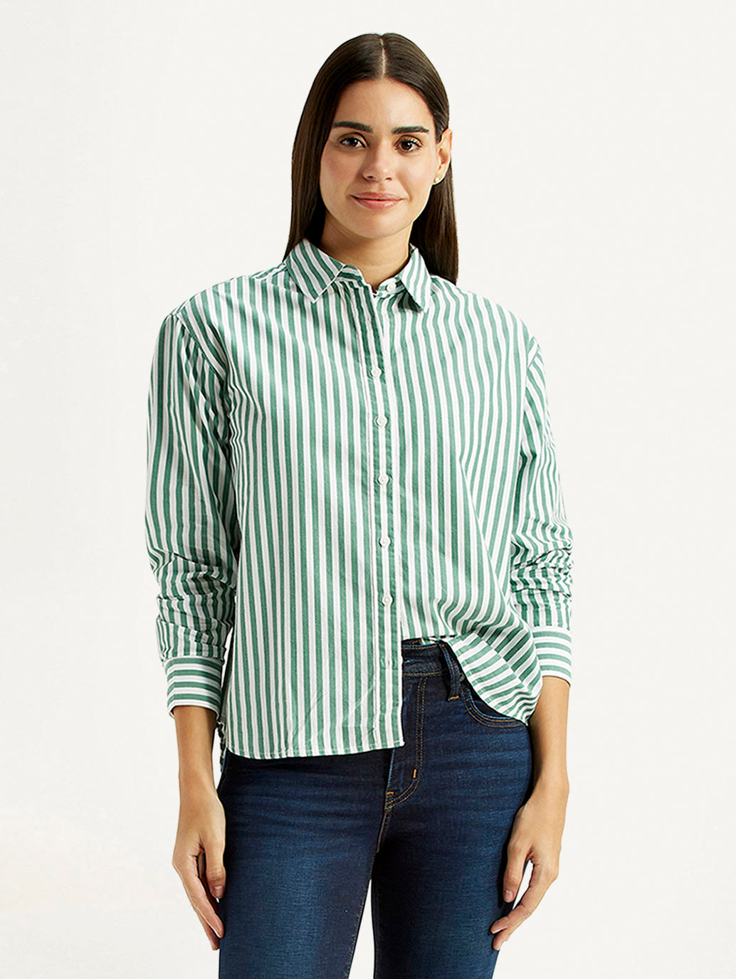 Women's Striped Green Relaxed Fit Poplin Shirt - Styleshot View