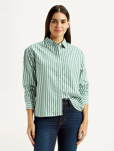 Women's Striped Green Relaxed Fit Poplin Shirt