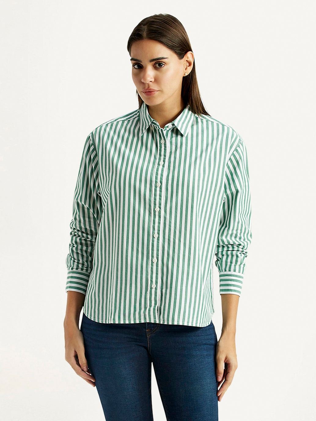 Women's Striped Green Relaxed Fit Poplin Shirt - Front View